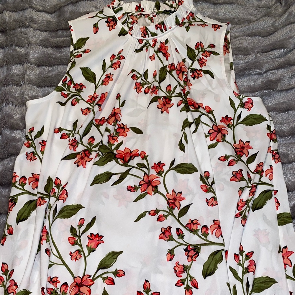 Ann Taylor Sleeveless Floral Blouse Ruffle Neck